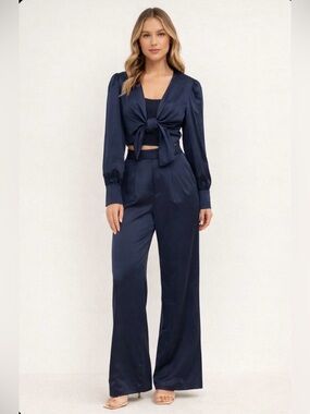 WAYF Pantsuit 2 Piece Satin Crop Tie Top Wide Leg Pants Navy Blue Large